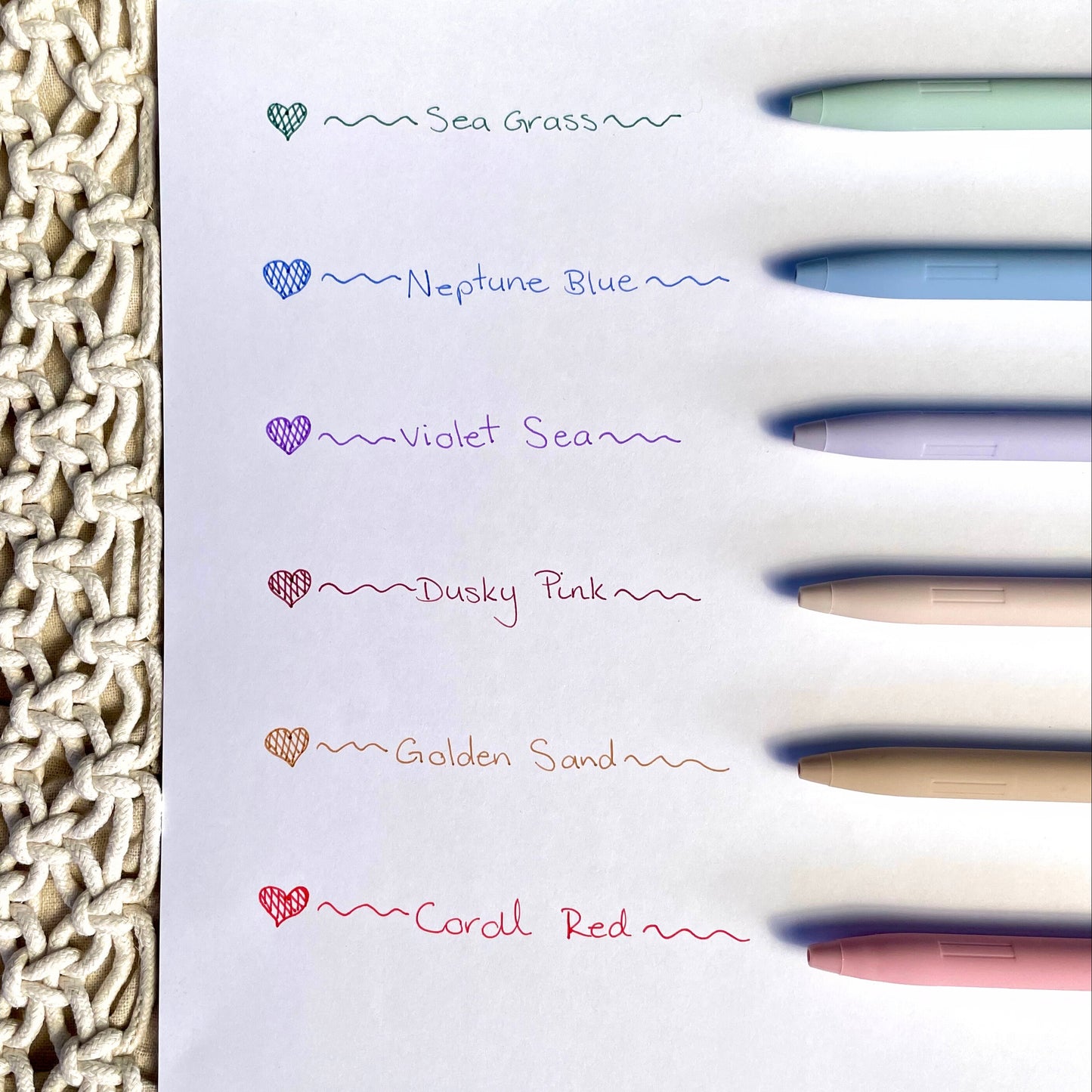 set of 6 colourful pens, gel pens, green, blue, violet, pink, sand, red. pens with coloured ink