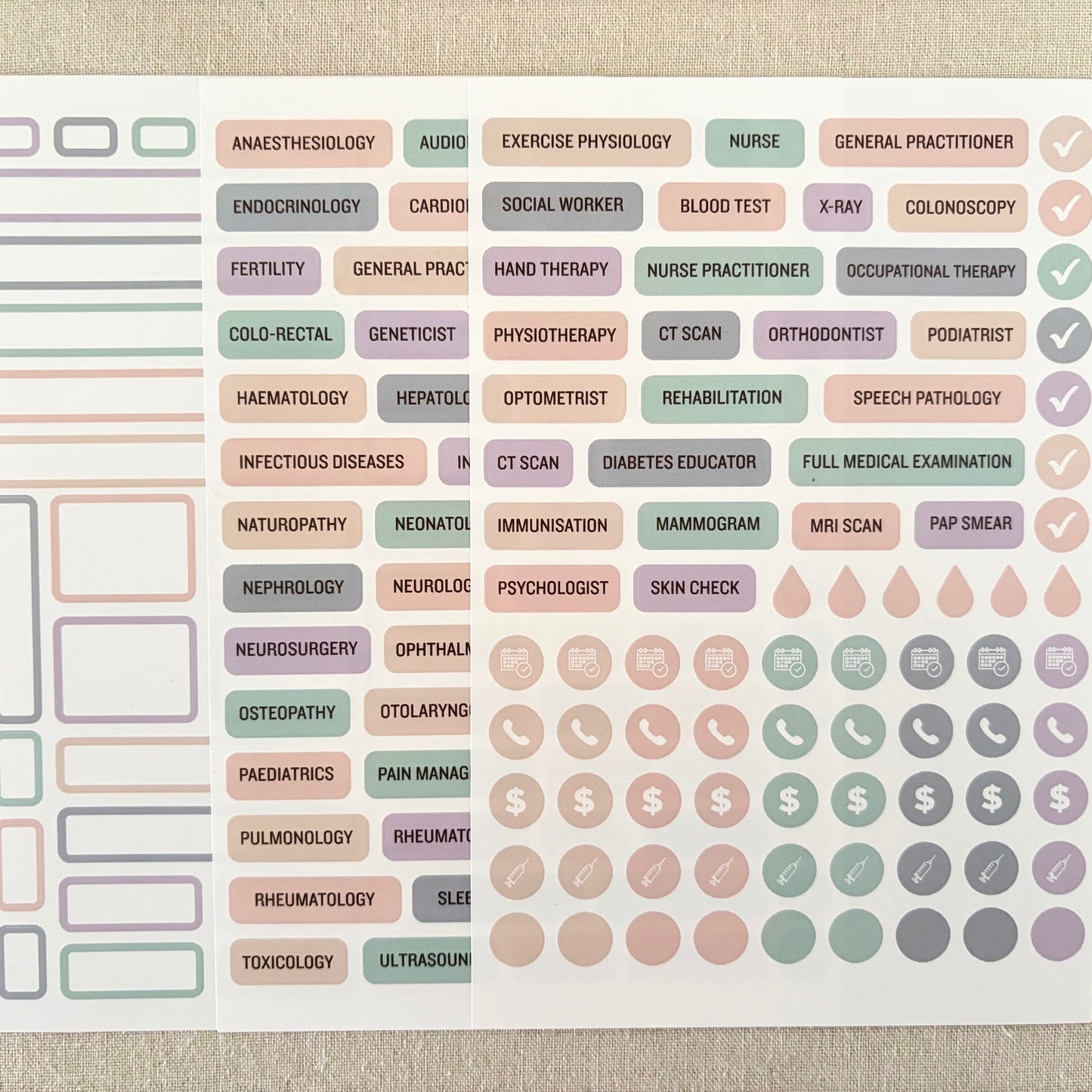 Sheet of medical and professional-themed stickers on a textured beige background